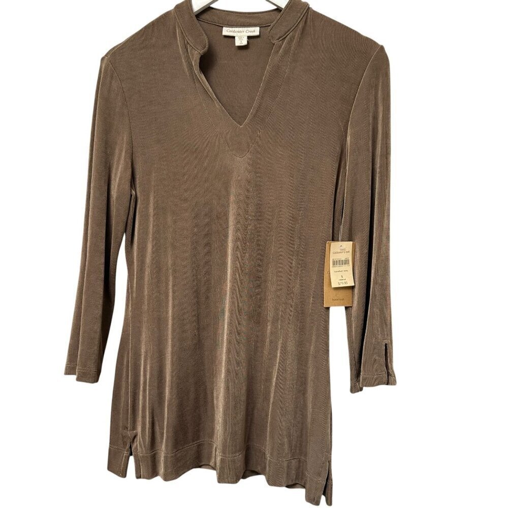 COLDWATER CREEK Women's Top Small Stretch Slinky Knit Long Sleeve Tan Tunic NWT